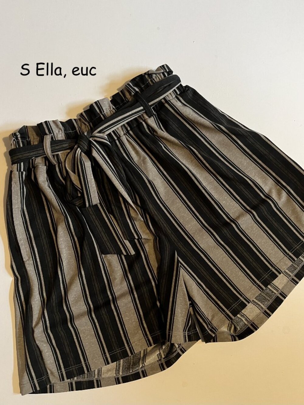 Small Lularoe Ella paper bag waist shorts, black and grey vertical stripes